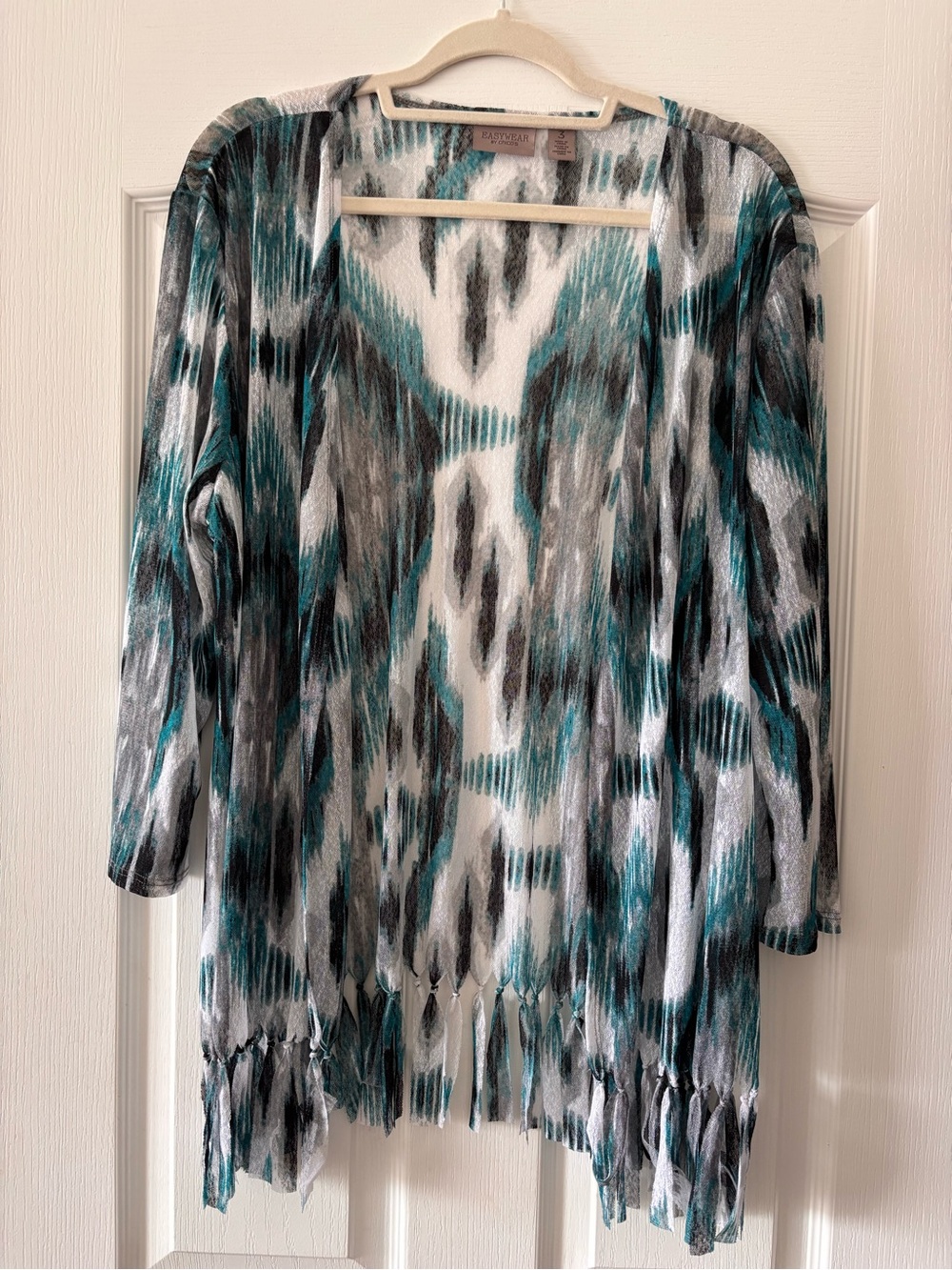 Chico's Teal, Gray & White Flowy Fringe Cardigan